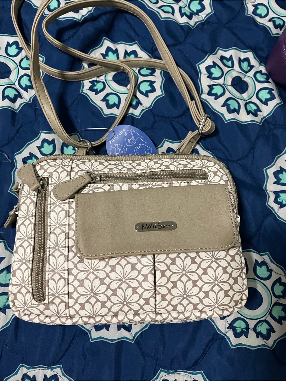 Neutral Floral Crossbody Bag with Beige Trim